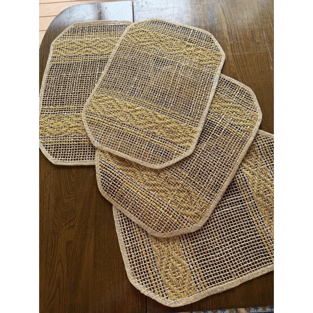 Vintage 70s Boho Open Weave Abaca Sisal‎ Placemats - Yellow & Beige - Set of 4